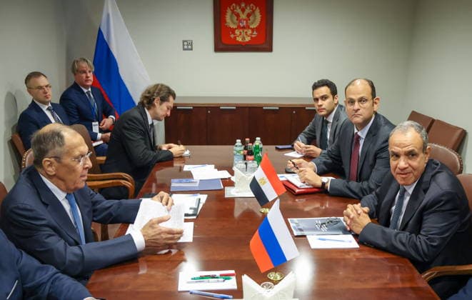 USA, NEW YORK CITY - SEPTEMBER 23, 2026: Sergei Lavrov (L), Russia s Foreign Minister, and his counterpart Badr Abdelatty (R) of Egypt hold a meeting on the sidelines of the 2026 High-level Week as part of the 81st session of the UN General Assembly. Russian Foreign Ministry TASS  98232725