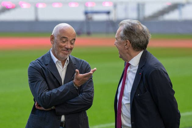 Artificial Intelligence Summit - Marseille Olympique de Marseille president Stephane Richard (L) and Renaud Muselier, President of PACA region, pictured during first day of Artificial Intelligence Marseille, a summit concerning AI in stade CEPAC Velodrome de Marseille, France on September 14, 2026. Photo by Laurent Coust ABACAPRESS.COM Marseille France  Copyright: xCoustxLaurent ABACAx