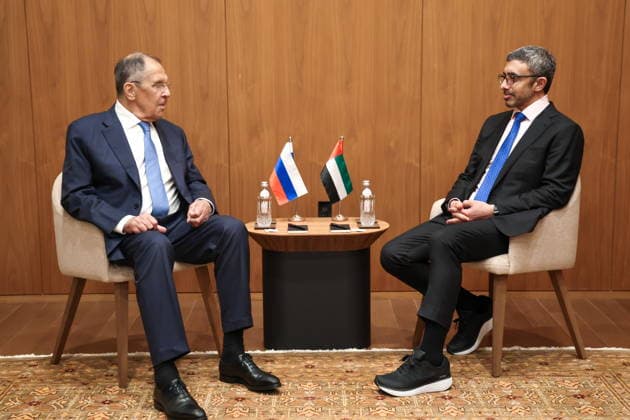 USA, NEW YORK CITY - SEPTEMBER 23, 2026: Sergei Lavrov (L), Russia s Foreign Minister, and his counterpart Abdullah bin Zayed Al Nahayan of the United Arab Emirates (UAE) hold a meeting on the sidelines of the 2026 High-level Week as part of the 81st session of the UN General Assembly. Russian Foreign Ministry TASS  98234798