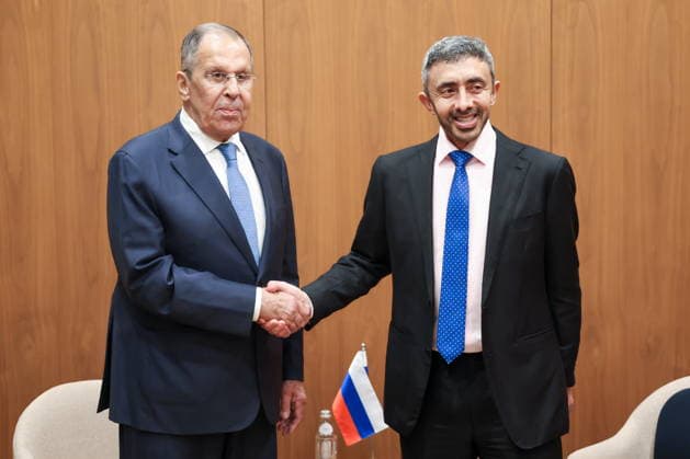 USA, NEW YORK CITY - SEPTEMBER 23, 2026: Sergei Lavrov (L), Russia s Foreign Minister, and his counterpart Abdullah bin Zayed Al Nahayan of the United Arab Emirates (UAE) shake hands during a meeting on the sidelines of the 2026 High-level Week as part of the 81st session of the UN General Assembly. Russian Foreign Ministry TASS  98234801