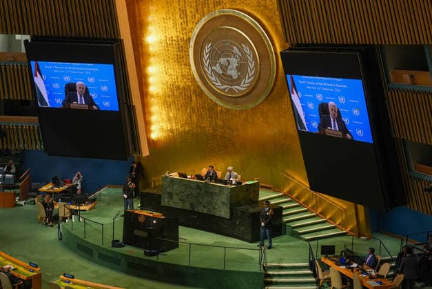 Palestinian President Abbas addresses UN General Assembly by video NEW YORK, UNITED STATES - SEPTEMBER 24: Palestinian President Mahmoud Abbas addresses the 81st session of the United Nations General Assembly by video at the UN headquarters in New York, United States, September 24, 2026. Mehmet Eser Anadolu New York United States. Editorial use only. Please get in touch for any other usage.  Copyright: x2026xAnadoluxMehmetxEserx