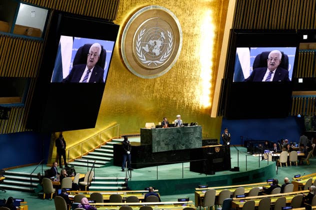 President of Palestine Mahmoud Abbas gives his pre-recorded speech on large screens at the UN General Assembly 81st session General Debate in UN General Assembly Hall at the United Nations Headquarters on Thursday, September 24, 2026 in New York City.  NYP20260924401 PETERxFOLEY