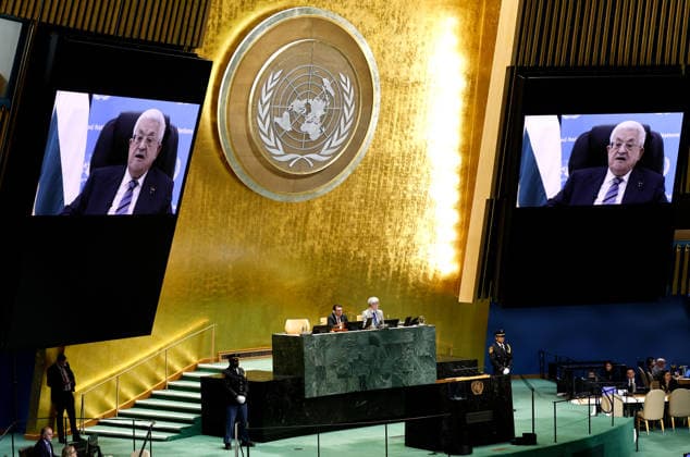 President of Palestine Mahmoud Abbas gives his pre-recorded speech on large screens at the UN General Assembly 81st session General Debate in UN General Assembly Hall at the United Nations Headquarters on Thursday, September 24, 2026 in New York City.  NYP20260924402 PETERxFOLEY