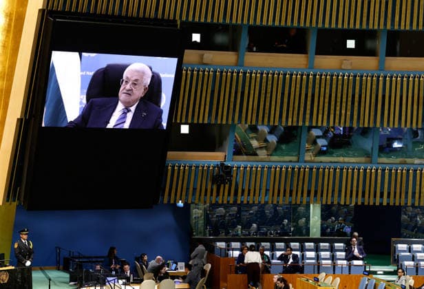 President of Palestine Mahmoud Abbas gives his pre-recorded speech on large screens at the UN General Assembly 81st session General Debate in UN General Assembly Hall at the United Nations Headquarters on Thursday, September 24, 2026 in New York City.  NYP20260924403 PETERxFOLEY