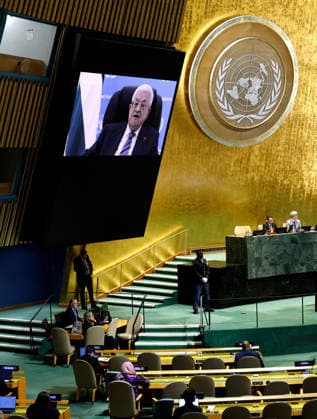 President of Palestine Mahmoud Abbas gives his pre-recorded speech on large screens at the UN General Assembly 81st session General Debate in UN General Assembly Hall at the United Nations Headquarters on Thursday, September 24, 2026 in New York City.  NYP20260924404 PETERxFOLEY