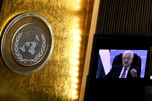 President of Palestine Mahmoud Abbas gives his pre-recorded speech on large screens at the UN General Assembly 81st session General Debate in UN General Assembly Hall at the United Nations Headquarters on Thursday, September 24, 2026 in New York City.  NYP20260924405 PETERxFOLEY