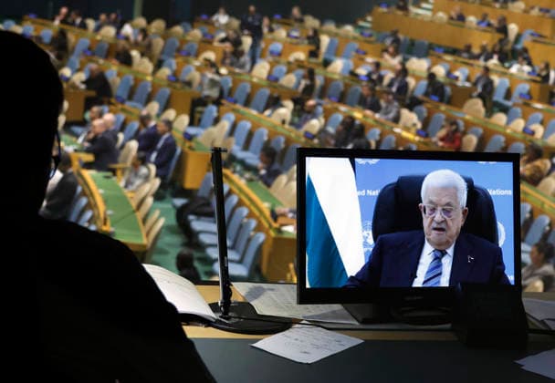 President of Palestine Mahmoud Abbas gives his pre-recorded speech seen on a TV monitor at the UN General Assembly 81st session General Debate in UN General Assembly Hall at the United Nations Headquarters on Thursday, September 24, 2026 in New York City.  NYP20260924406 PETERxFOLEY