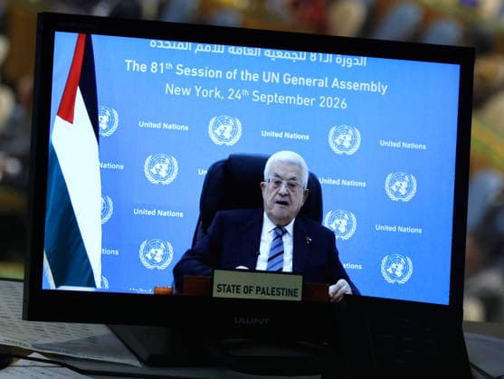 President of Palestine Mahmoud Abbas gives his pre-recorded speech seen on a TV monitor at the UN General Assembly 81st session General Debate in UN General Assembly Hall at the United Nations Headquarters on Thursday, September 24, 2026 in New York City.  NYP20260924408 PETERxFOLEY