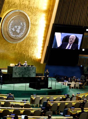 President of Palestine Mahmoud Abbas gives his pre-recorded speech on large screens at the UN General Assembly 81st session General Debate in UN General Assembly Hall at the United Nations Headquarters on Thursday, September 24, 2026 in New York City.  NYP20260924409 PETERxFOLEY