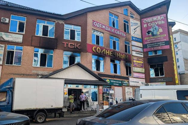 RUSSIA, STERLITAMAK - SEPTEMBER 24, 2026: The scene of a fire at the Solnechny shopping center. The fire broke out on the shopping center’s second floor on September 22, spreading over 2,100 sq meters and killing four people. Ilfat Kinzyabayev TASS  98243757