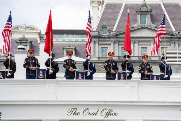September 24, 2026, Washington, District Of Columbia, USa: President DONALD TRUMP, First Lady MELANIA TRUMP, and Chinese President XI JINPING participate in a military review in the Rose Garden of the White House during a state arrival ceremony for the Chinese president in Washington, DC, on September 24, 2026. The review featured military demonstrations by the U.S. Army Old Guard Fife and Drum Corps, the U.S. Marine Corps Silent Drill Platoon, and Ã¢â‚¬oeThe CommandantÃ¢â‚¬â ¢s OwnÃ¢â‚¬Â U.S. Marine Drum and Bugle Corps. The ceremony concluded with a military flyover featuring a B-2 Spirit and four F-22 Raptors. Washington USa  - ZUMAs365 20260924_znp_s365_003 Copyright: xJoeyxSussmanx