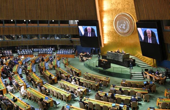 US UN General Assembly 9250328 24.09.2026 Palestinian President Mahmoud Abbas appears on a screen to address the 81st United Nations General Assembly (UNGA) at the U.N. headquarters in New York City, the United States. Sergey Guneev Sputnik New York USA  Copyright: xSergeyxGuneevx