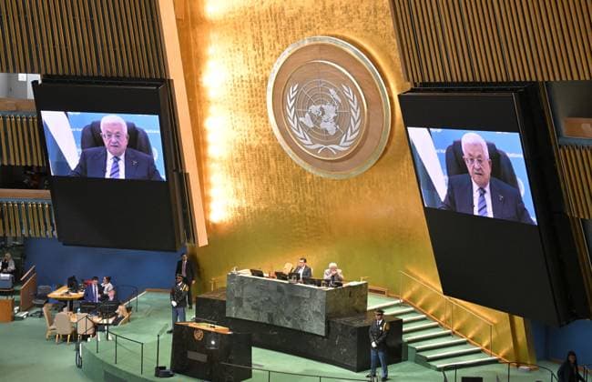 US UN General Assembly 9250331 24.09.2026 Palestinian President Mahmoud Abbas appears on screens to address the 81st United Nations General Assembly (UNGA) at the U.N. headquarters in New York City, the United States. Sergey Guneev Sputnik New York USA  Copyright: xSergeyxGuneevx
