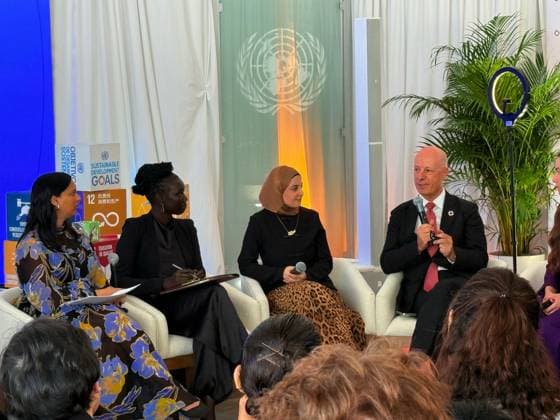 UN Peace Circle brings together youth advocates at UNGA81 NEW YORK, UNITED STATES, SEPTEMBER 21, 2026: Participants attend the United Nations Peace Circle at the SDG Media Zone at UN Headquarters in New York during the 81st session of the UN General Assembly. Held to mark the International Day of Peace, the intergenerational discussion brought together youth advocates, humanitarian representatives and UN officials to discuss investment in peace and the role of young people in peacebuilding. Pictured from left are Noor Al Musallam, Sanjana Sanghi, Diene Keita, Jonathan Lam, Versha Sharma, Mary Maker, Muzoon Almellehan, Maher Nasser and Sofia Polishchuk. New York City United States of America Copyright: x xCatherinexMansox xJNAxPressx