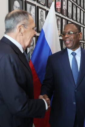 USA, NEW YORK CITY - SEPTEMBER 24, 2026: Russia’s Minister of Foreign Affairs Sergei Lavrov (L) and Former President of Senegal and candidate for UN Secretary-General, Macky Sall, shake hands before a meeting between Lavrov and Senegal’s President Faye (not pictured) at the UN Headquarters on the sidelines of the 81st session of the UN General Assembly. Alexander Shcherbak TASS  98247508