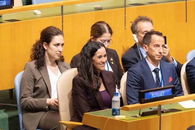 September 24, 2026, New York City, USA: Anita Orban, a member of the Hungarian delegation, listens to Hungarian President Andras Balint Baka speaking during the General Debate of the 81st session of the United Nations General Assembly at the UN Headquarters in New York City New York City USA - ZUMAl194 20260924_zip_l194_012 Copyright: xMarekxLadzinskix