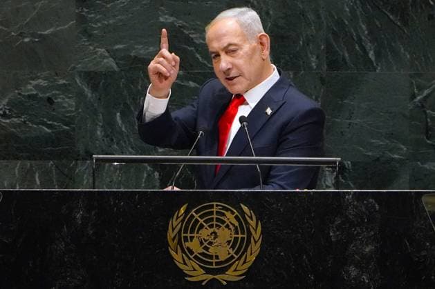 (260924) -- UNITED NATIONS, Sept. 24, 2026 -- Israeli Prime Minister Benjamin Netanyahu addresses the general debate of the 81st session of the United Nations General Assembly (UNGA) at the UN headquarters in New York, Sept. 24, 2026. Scores of delegates walked out of the United Nations General Assembly hall in protest as Israeli Prime Minister Benjamin Netanyahu took the podium to address the general debate of the 81st session. Netanyahu used his speech to defend Israel s military actions in Gaza and elsewhere in the region, amid growing international criticism and diplomatic isolation. ) UN-GENERAL ASSEMBLY-GENERAL DEBATE WuxXiaoling 