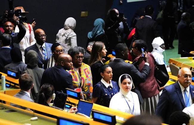 (260924) -- UNITED NATIONS, Sept. 24, 2026 -- Delegates walk out in protest as Israeli Prime Minister Benjamin Netanyahu addresses the general debate of the 81st session of the United Nations General Assembly (UNGA) at the UN headquarters in New York, Sept. 24, 2026. Scores of delegates walked out of the United Nations General Assembly hall in protest as Israeli Prime Minister Benjamin Netanyahu took the podium to address the general debate of the 81st session. Netanyahu used his speech to defend Israel s military actions in Gaza and elsewhere in the region, amid growing international criticism and diplomatic isolation. ) UN-GENERAL ASSEMBLY-GENERAL DEBATE WuxXiaoling 
