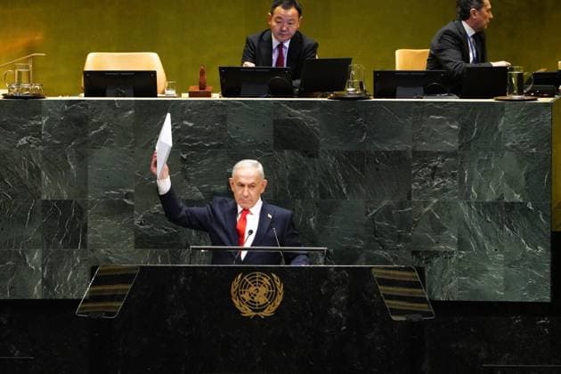(260924) -- UNITED NATIONS, Sept. 24, 2026 -- Israeli Prime Minister Benjamin Netanyahu addresses the general debate of the 81st session of the United Nations General Assembly (UNGA) at the UN headquarters in New York, Sept. 24, 2026. Scores of delegates walked out of the United Nations General Assembly hall in protest as Israeli Prime Minister Benjamin Netanyahu took the podium to address the general debate of the 81st session. Netanyahu used his speech to defend Israel s military actions in Gaza and elsewhere in the region, amid growing international criticism and diplomatic isolation. ) UN-GENERAL ASSEMBLY-GENERAL DEBATE WuxXiaoling 