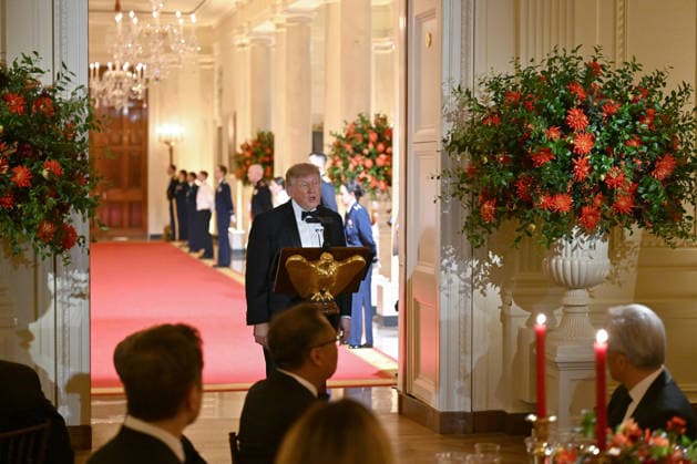 United States President Donald J Trump makes remarks as he and President Xi Jinping, of The People s Republic of China, exchange toasts period to the State Dinner in the East Room of the White House in Washington, DC, USA, on Thursday, September 24, 2026. .Credit: Annabelle Gordon Pool via CNP  NZ29454 AnnabellexGordonx-xPoolxviaxCNP