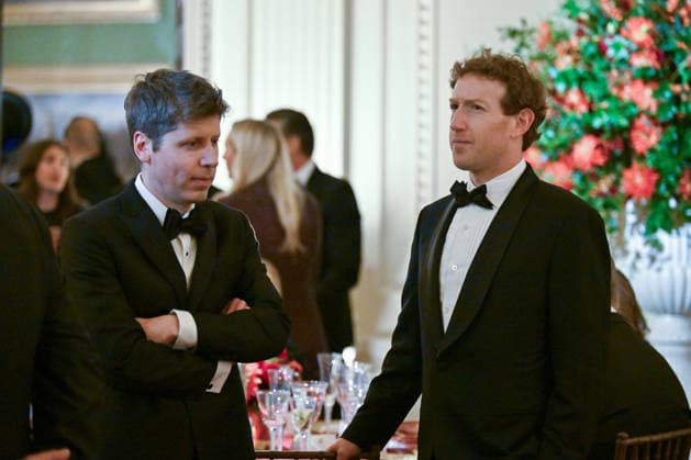OpenAI CEO Sam Altman (L) talks with Meta CEO Mark Zuckerberg during an official state dinner honoring Chinese President Xi Jinping at the White House in Washington DC on Thursday, September 24, 2026.  WAX20260924501 AnnabellexGordon