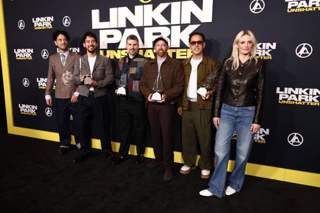World Premiere Of Trafalgar Releasing s Linkin Park: Unshatter Colin Brittain, Mike Shinoda, Bradford Phillip Delson, Dave Farrell, Joseph Hahn and Emily Armstrong at the World Premiere Of Trafalgar Releasing s Linkin Park: Unshatter held at the AMC The Grove 14 on September 24, 2026 in Beverly Grove, Los Angeles, California, United States. Los Angeles California United States Copyright: xXavierxCollin ImagexPressxAgencyx