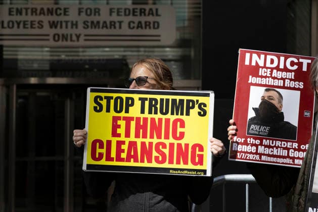 September 24, 2026, New York, New York, USA: Protesters hold signs that read STOP TRUMP s ETHNIC CLEANSING INDICT ICE Agent Jonathan Ross for the MURDER of Renee Macklin Goode 1 7 2026, Minneapolis, MN with his image at Rise and Resist s weekly vigil for those impacted by President Trump s immigrant detention and mass deportation policies, held outside the immigration courts, Department of Homeland Security and ICE offices at 26 Federal Plaza in Lower Manhattan. New York USA  - ZUMAr174 20260924_znp_r174_003 Copyright: xGinaxMxRandazzox