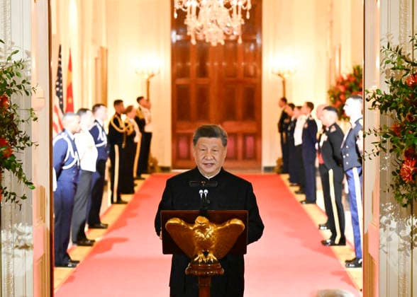 (260924) -- WASHINGTON, Sept. 24, 2026 -- Chinese President Xi Jinping addresses a welcome banquet at the White House in Washington, D.C., the United States, Sept. 24, 2026. Xi on Thursday attended a welcome banquet held by U.S. President Donald Trump at the White House. ) U.S.-CHINA-XI JINPING-STATE VISIT-TRUMP-WELCOME BANQUET ShenxHong 