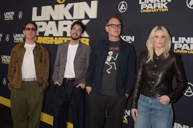 LOS ANGELES, CA -SEPTEMBER 24: Joseph Hahn, Mike Shinoda, Mark Hoppus and Emily Armstrong pictured at the Linkin Park: Unshatter premiere at AMC The Grove 14 in Los Angeles, California. Copyright: xJeffreyxMayer MediaPunchx