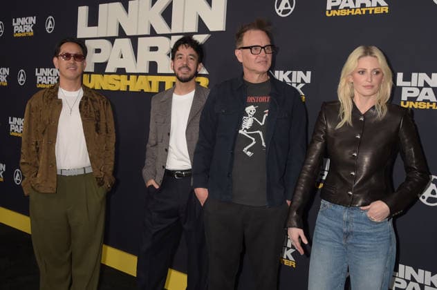 LOS ANGELES, CA -SEPTEMBER 24: Joseph Hahn, Mike Shinoda, Mark Hoppus and Emily Armstrong pictured at the Linkin Park: Unshatter premiere at AMC The Grove 14 in Los Angeles, California. Copyright: xJeffreyxMayer MediaPunchx