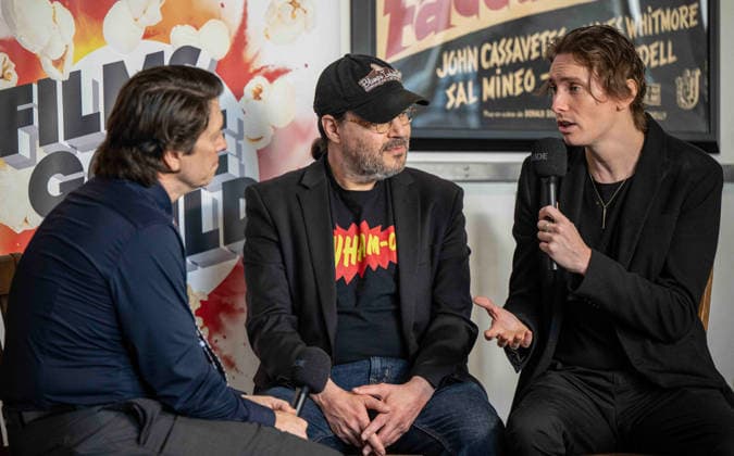 September 24, 2026, Dallas, Texas, U.S.A: From L-R PR JOHN WILDMAN of Wildworks PR in Dallas interviewing Director ADAM RIFKIN and JASON PAXTON (Son of the Late BILL PAXTON) in his starring roll as an Illiterate outlaw named JEDIDIAH DOOLEY Dallas U.S.A  - ZUMAm147 20260924_zap_m147_013 Copyright: xHossxMcBainx