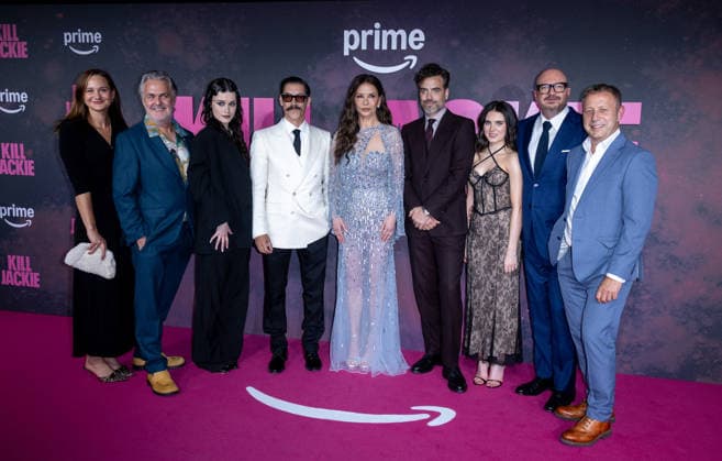 Tom Butterworth, Hattie Hook, Oscar Jaenada, Catherine Zeta-Jones, Daniel Ings, Darci Shaw, Peter Lawson and Damon Thomas attends Kill Jackie? Global Premiere at the Curzon Bloomsbury in London, England. UK. Thursday 24th September 2026. Copyright: xJamesxWarrenx ae8nd005