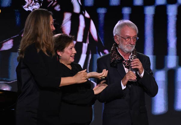 Awards Ceremony for the 63rd Annual Golden Prague International Television Festival was held in Prague, Czech Republic, on September 24, 2026. Francois Duplat, right, accepted the EBU and IMZ Lifetime Achievement Award. (CTKxPhoto KaterinaxSulova) CTKPhotoP2026092410581  CTKPhotoP2026092410581