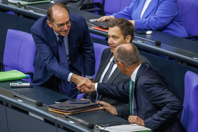German Bundestag: Alexander Dobrindt (CSU), Federal Minister of the Interior; Lars Klingbeil (SPD), Federal Minister of Finance; and Federal Chancellor Friedrich Merz (CDU) in the German Bundestag on September 25, 2026, in Berlin, Berlin, Germany, Bundestag