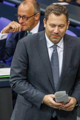 Bundestag: Federal Chancellor Friedrich Merz (CDU) and Lars Klingbeil (SPD), Federal Minister of Finance, at the German Bundestag on September 25, 2026, in Berlin, Berlin, Germany, Bundestag