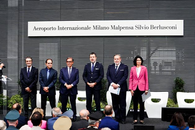 IPA88950456 - September 25, 2026, Varese: Ceremony to name Milan Malpensa Airport after Silvio Berlusconi. Pictured: Attilio Fontana, Paolo Berlusconi, Ignazio La Russa, Matteo Salvini, Carlo Mearelli, Michaela Castelli  Copyright: xEmanuelexDexCarlix xEmanuelexDexCarlix IPA88950456