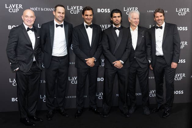 Sports stars attend the Laver Cup Opening Night Gala at Magazine London in London, England Featuring: Andre Agassi, Andy Roddick, Roger Federer, Carlos Alcaraz, John Mcenroe and Patrick Rafter Where: London, Greater London, United Kingdom When: 24 Sep 2026 Credit: Alex Cropper Cover Images **Mandatory Credit: Alex Cropper Cover Images** EDITORIAL USE ONLY. NOT FOR USE BY NEWSPAPERS BASED IN THE UK. Copyright: xx coverimg56056874