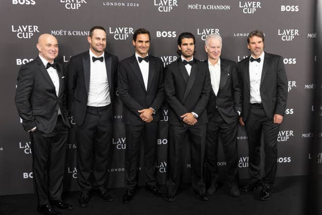 Sports stars attend the Laver Cup Opening Night Gala at Magazine London in London, England Featuring: Andre Agassi, Andy Roddick, Roger Federer, Carlos Alcaraz, John Mcenroe and Patrick Rafter Where: London, Greater London, United Kingdom When: 24 Sep 2026 Credit: Alex Cropper Cover Images **Mandatory Credit: Alex Cropper Cover Images** EDITORIAL USE ONLY. NOT FOR USE BY NEWSPAPERS BASED IN THE UK. Copyright: xx coverimg56056875