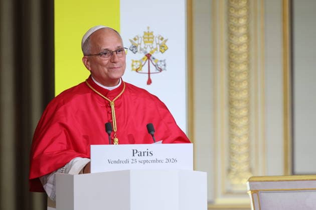 POPE LEO MEETS WITH PRESIDENT ELISEO France, Paris, Vatican, 2026 9 25 Meeting WITH GOVERNMENT OFFICIALS, CIVIL SOCIETY, AND THE DIPLOMATIC CORPS . EDITORIAL USE ONLY - NO BOOKS Copyright: xPool xCatholicxPressxPhotox