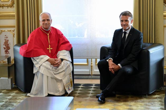 POPE LEO MEETS WITH PRESIDENT ELISEO France, Paris, Vatican, 2026 9 25 Visit to the President of the Republic at the Elysee Palace. Pope Leo XIV meets French President Emmanuel Macron during his apostolic journey to France. EDITORIAL USE ONLY - NO BOOKS Copyright: xVATICANxMEDIA xCatholicxPressxPhotox