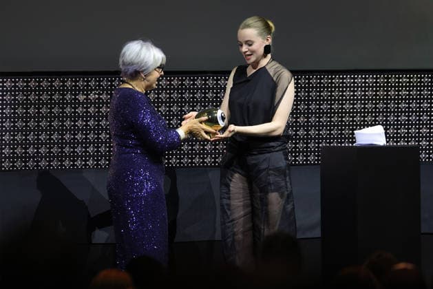 22nd Zurich Film Festival 2026: Elisabeth Baume Schneider, Swiss Federal Councilor, presents the Golden Eye Award to Luna Wedler, Swiss actress, at the opening night of the 22nd Zurich Film Festival on September 24, 2026, at the Kongresshaus Zürich, Canton of Zurich, Switzerland