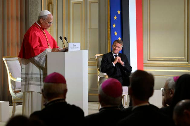 POPE LEO XIV - MEETING WITH AUTHORITIES - ELYSEE PALACE France, Paris, Vatican, 2026 9 25 Meeting with Authorities, Civil Society and the Diplomatic Corps at the Elysee Palace. Pope Leo XIV during his apostolic journey to France. EDITORIAL USE ONLY - NO BOOKS Copyright: xVATICANxMEDIA xCatholicxPressxPhotox