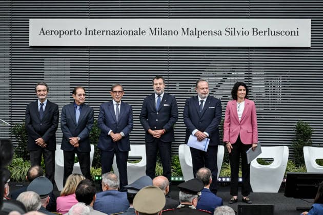 September 25, 2026, Milan Ferno - Somma Lombardo, Va, Italy: Attilio Fontana, Paolo Berlusconi, Ignazio La Russa, Matteo Salvini, Carlo Mearelli, and Michaela Castelli at the ceremony naming Malpensa Airport after Berlusconi. Milan Malpensa Silvio Berlusconi International Airport. September 25, 2026, Ferno - Somma Lombardo Milan Ferno - Somma Lombardo Italy - ZUMAa289 20260925_zia_a289_152 Copyright: xNicolaxMarfisix xAgfx