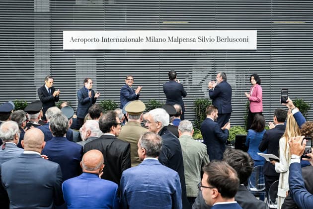 September 25, 2026, Milan Ferno - Somma Lombardo, Va, Italy: Attilio Fontana, Paolo Berlusconi, Ignazio La Russa, Matteo Salvini, Carlo Mearelli, and Michaela Castelli at the ceremony naming Malpensa Airport after Berlusconi. Milan Malpensa Silvio Berlusconi International Airport. September 25, 2026, Ferno - Somma Lombardo Milan Ferno - Somma Lombardo Italy - ZUMAa289 20260925_zia_a289_179 Copyright: xNicolaxMarfisix xAgfx