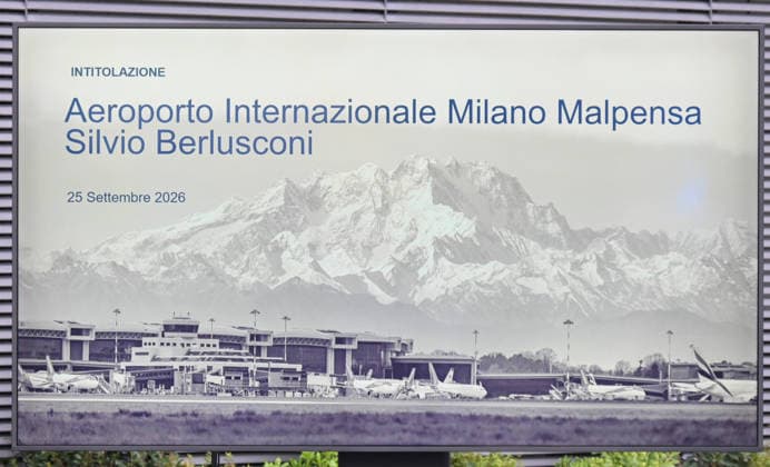 IPA88956959 - Milan, Italy: Silvio Berlusconi’s name was officially bestowed upon Milan Malpensa International Airport during an official ceremony, marked by the unveiling of a plaque on the main facade of Terminal 1 In the photo: a video monitor displaying the event title  Copyright: xNickxZonnax xNickxZonnax IPA88956959