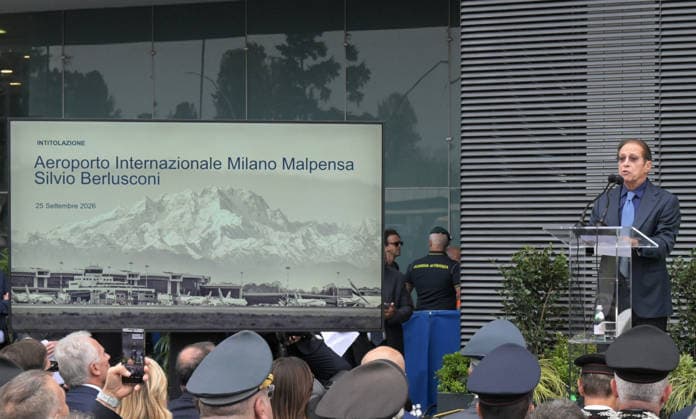 IPA88956982 - Milan, Italy: Silvio Berlusconi’s name was officially bestowed upon Milan Malpensa International Airport during an official ceremony, marked by the unveiling of a plaque on the main facade of Terminal 1 In the photo: Paolo Berlusconi during the ceremony  Copyright: xNickxZonnax xNickxZonnax IPA88956982