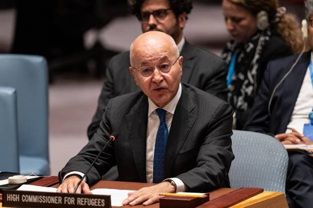 September 25, 2026, Bronx, New York, USA: Barham Salih, United Nations High Commissioner for Refugees briefs Security Council during meeting at United Nations Headquarters in New York, NY on September 25, 2026. Bronx USA - ZUMAr339 20260925_znp_r339_003 Copyright: xLevxRadinx