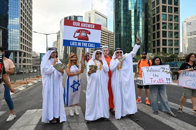 September 25, 2026, Tel-Aviv, Tel-Aviv, Israel: Protesters demonstrate outside the Embassy of the Netherlands, demanding answers regarding a phone call made on the morning of October 7, 2023...At approximately 9.00 a.m. on October 7, before arriving at the Kirya military headquarters in Tel Aviv, Prime Minister Benjamin Netanyahu reportedly chose to make his first call to a foreign leader Ã¢â‚¬ then-Dutch Prime Minister Mark Rutte. Tel-Aviv Israel  - ZUMAp227 20260925_zip_p227_003 Copyright: xPaulinaxPatimerx
