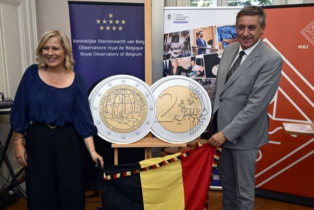 RECORD DATE NOT STATED Minister of Public Modernisation Vanessa Matz and Vice prime minister Jan Jambon pictured during the unveiling of the Belgian 2-euro coin to mark the 50th anniversary of the National Geographic Institute (IGN) and the 200th anniversary of the Royal Observatory of Belgium (ORB), in Brussels, on Friday 25 September 2026.  ERICxLALMAND 187799203