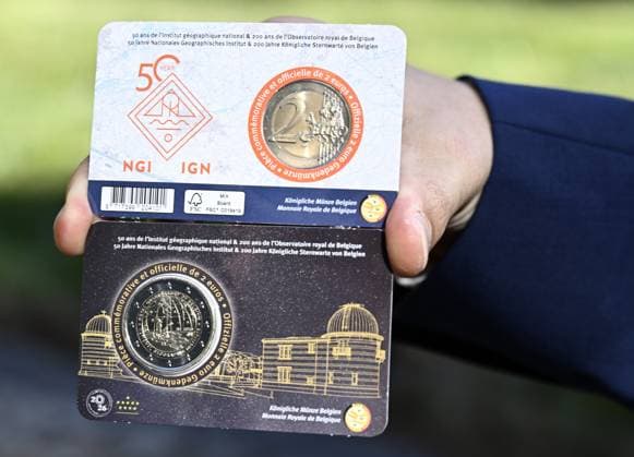 RECORD DATE NOT STATED the unveiling of the Belgian 2-euro coin to mark the 50th anniversary of the National Geographic Institute (IGN) and the 200th anniversary of the Royal Observatory of Belgium (ORB), in Brussels, on Friday 25 September 2026.  ERICxLALMAND 187799264